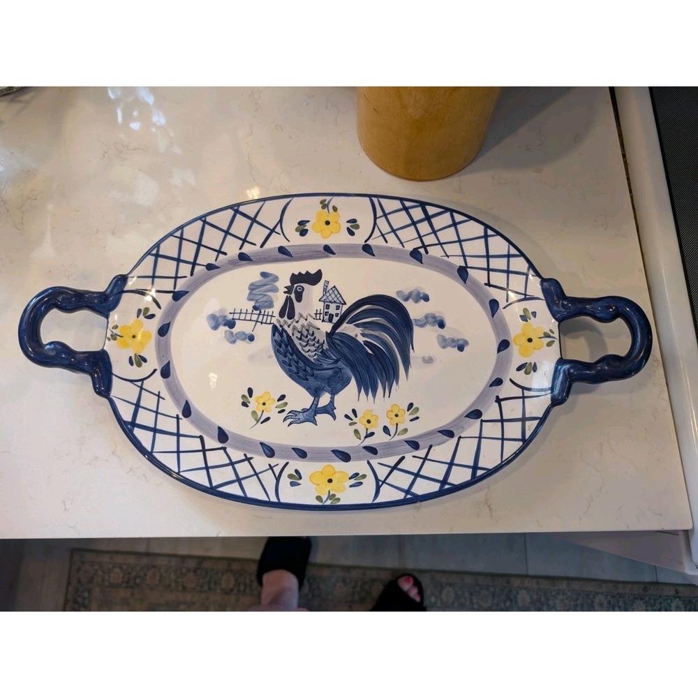 Bella Casa by Ganz Rooster Serving Platter Ceramic Tray Handles Farmhouse As-Is